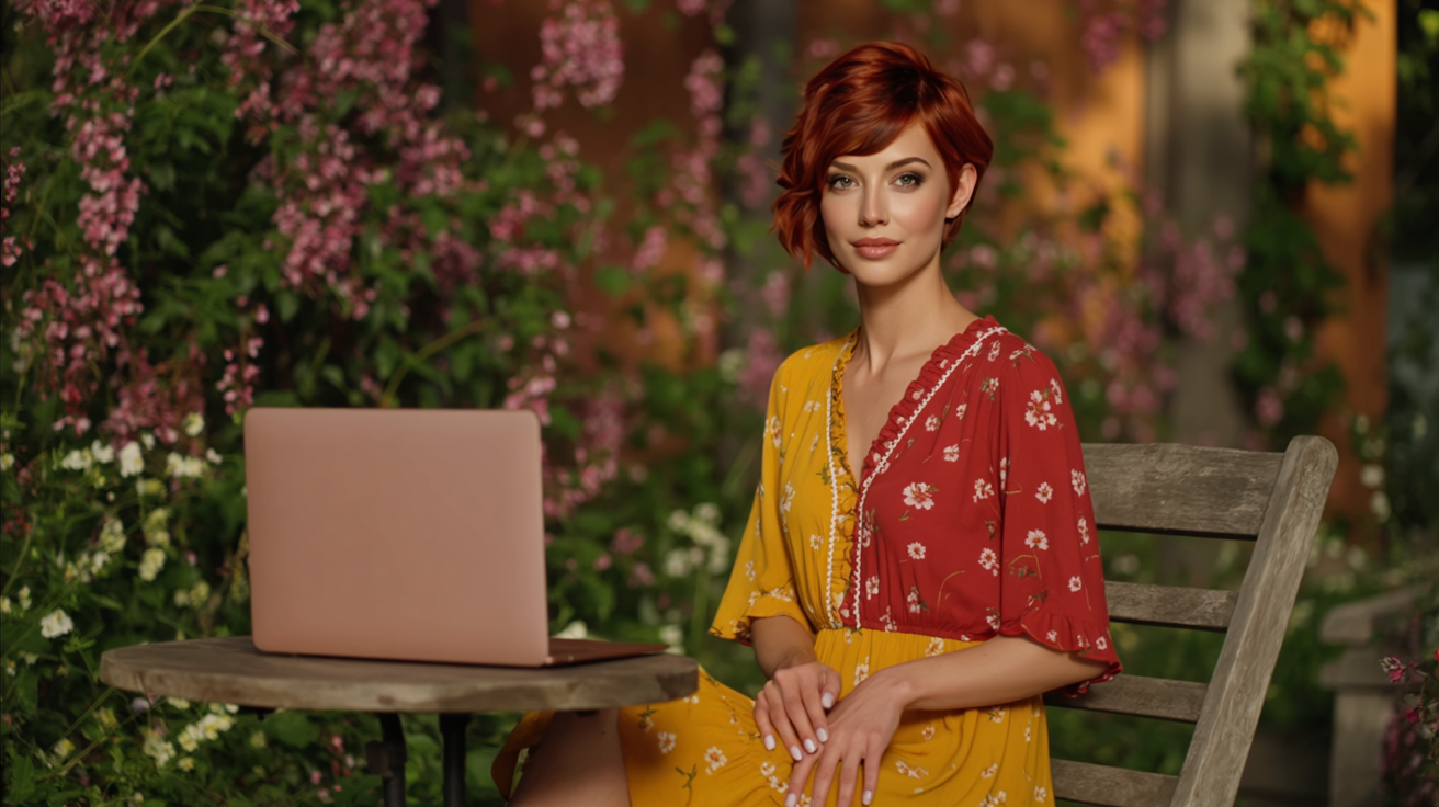 Stella is working on the laptop in the garden